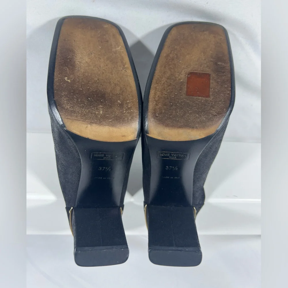 7019: Louis Vuitton Black Leather Mule Heels Gold LV Detail 37.5